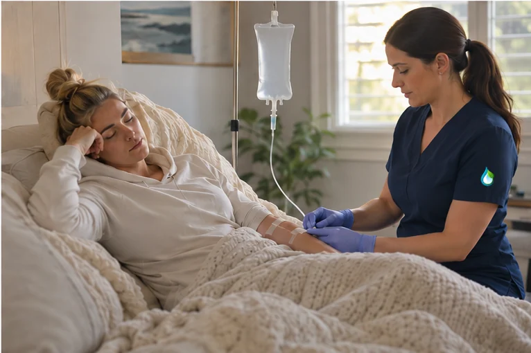 Licensed nurse providing mobile hangover IV therapy in a comfortable home setting in Royal Oak, MI