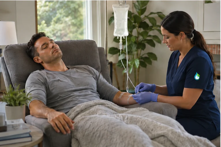 Nurse preparing a mobile hangover IV visit in a comfortable home setting in Clarkston, MI