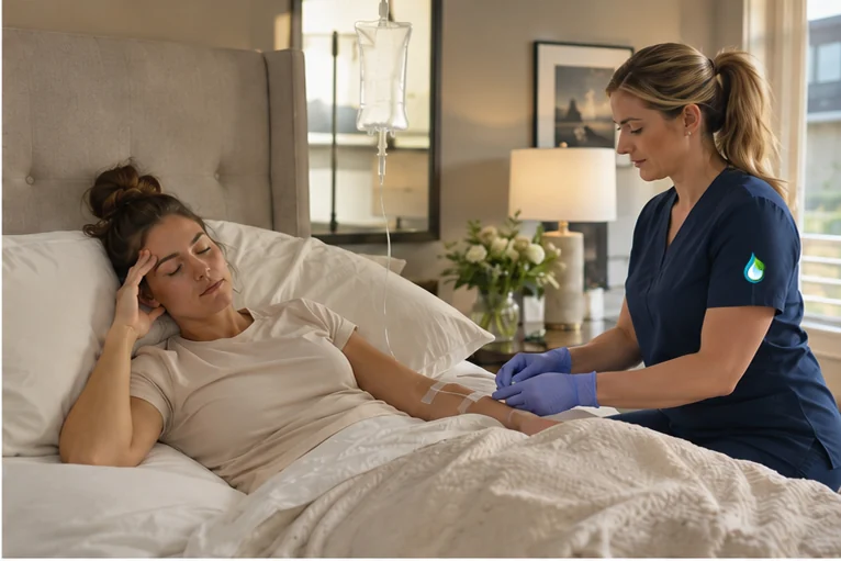 Mobile hangover IV therapy visit in a comfortable hotel setting in Troy, MI