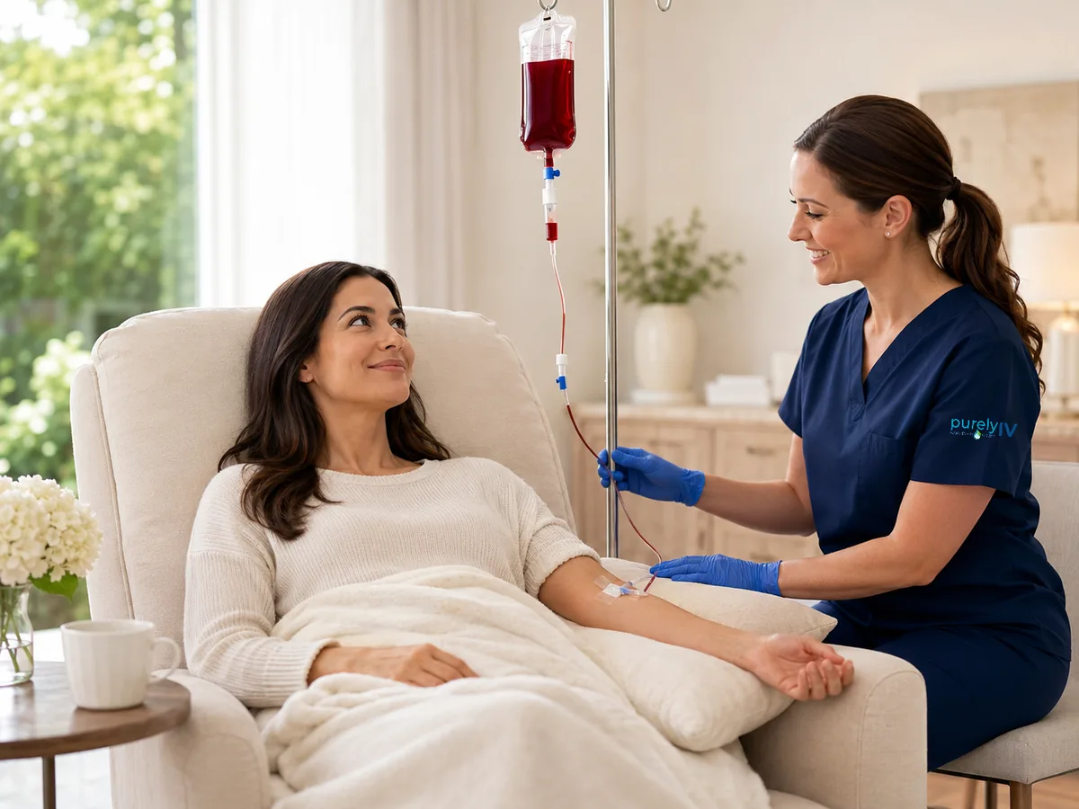 Licensed nurse providing an at-home iron infusion visit in Warren, MI