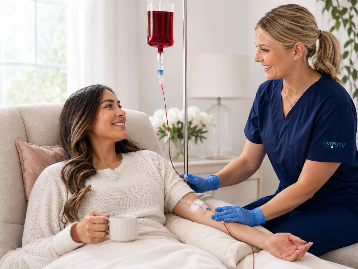 Nurse administering a mobile iron infusion in a comfortable home setting in Clarkston, MI