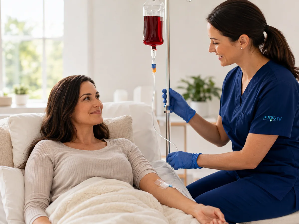 Licensed nurse supporting an at-home iron infusion visit in Troy, MI