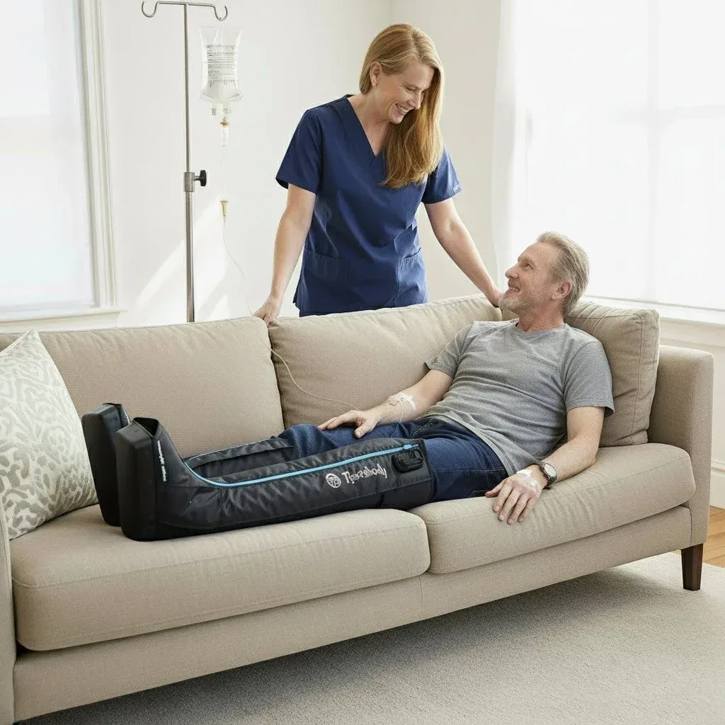 Compression therapy with Therabody JetBoots during an IV visit
