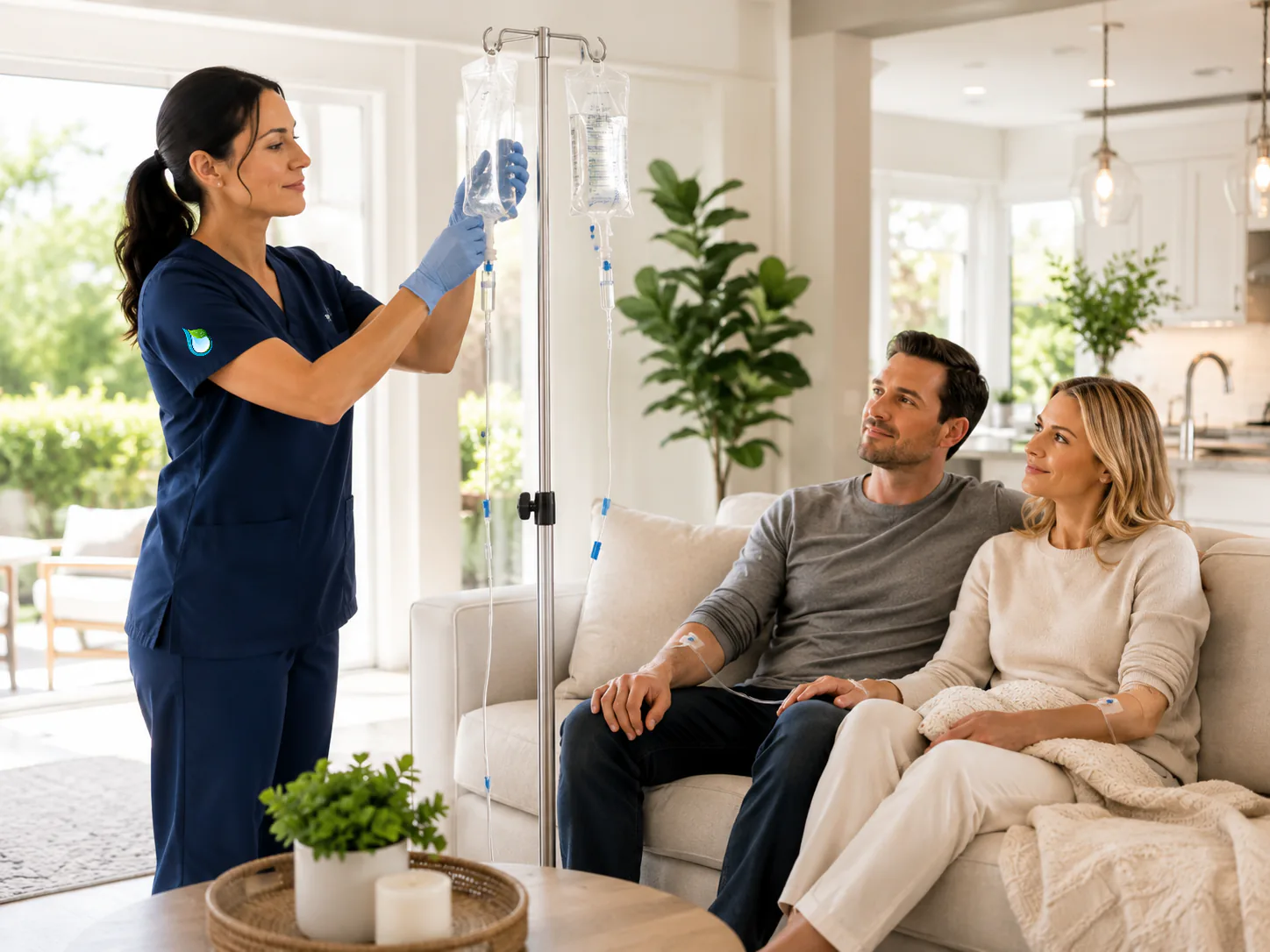 Nurse setting up two IV bags for a couple during an at-home mobile IV visit
