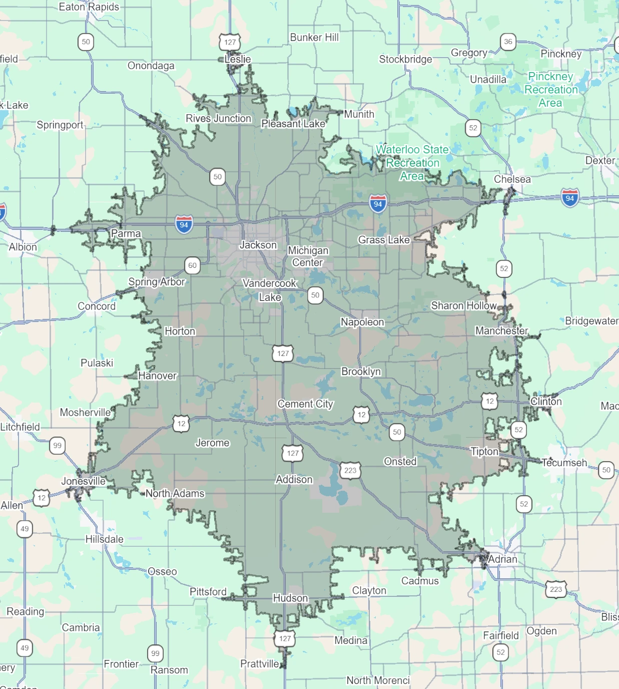 Map showing purelyIV's Jackson-area mobile service region and nearby communities served.